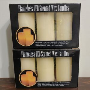 New Flameless LED Vanilla Scented Graduated Ivory Wax Pillar Candle Set of 3
